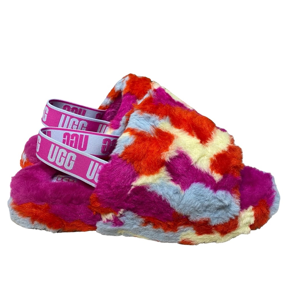 UGG Women's Fluff Yeah Slide Sz 6 Camopop Multi Cowprint Platform Y2K Pink New
